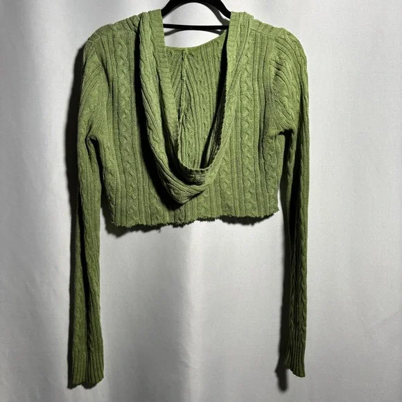 Aeropostale Green Cable Knit Hoodie Cropped Button Sweater M VTG Y2K Grunge SEE - Picture 2 of 7